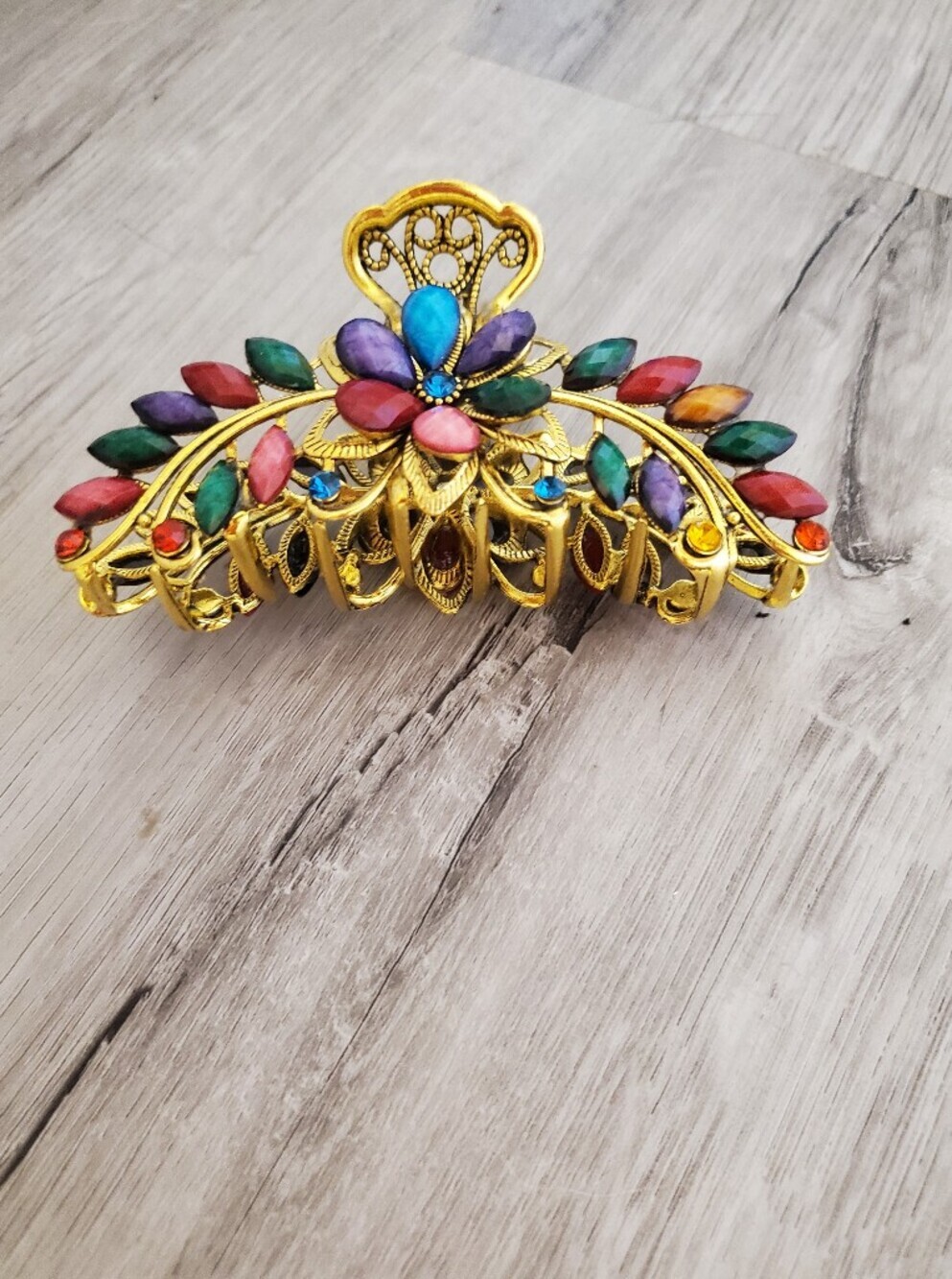 Vintage Turkish Style Gold Metal Multi-Color Floral Hair Claw Clip Large Barette